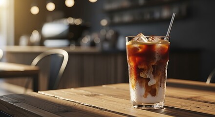 Iced Coffee Delight - A Refreshing Moment in a Cozy Cafe.