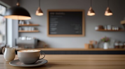 カフェカウンターのラテカップと湯気