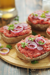 Traditional German sandwiches with minced meat Mettbroetchen	