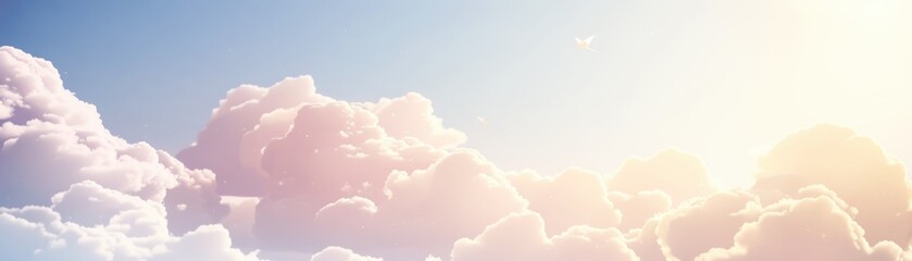 A serene sky filled with fluffy clouds and a soft, warm light, creating a peaceful and uplifting atmosphere.
