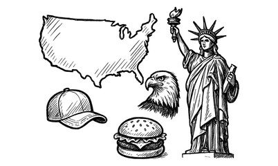 Hand-drawn american symbols: statue of liberty, usa map, bald eagle, cap, and burger