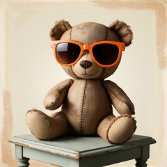 A stitched teddy bear wearing orange sunglasses sits on a small wooden table against a beige background.