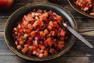 A bowl with traditional Rosolli salad, Finnish cuisine