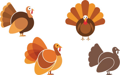 Four cartoon turkeys displaying feathers for thanksgiving autumn celebration vector