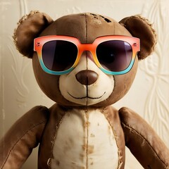 A brown teddy bear wearing colorful sunglasses, with a slightly worn and stitched appearance, poses against a neutral textured background.