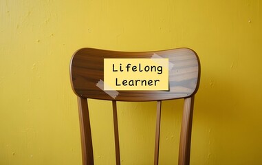 Chair back on yellow background with tag written  LIFELONG LEARNER, people focus on continual learning new, in-demand skills for personal development, keeps acquiring new skills past formal education