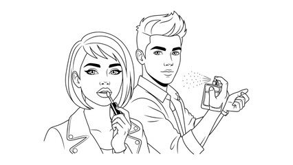 Dynamic comic book style illustration of a surprised young woman and a man holding a vintage camera with a determined expression and stylish hair