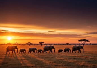 Wide landscape of elephants walking across golden savanna at sunset, dramatic sky and endless horizon