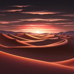 A vibrant desert sunset illuminates rolling sand dunes under a dramatic sky with layered clouds.