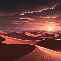 A dramatic sunset casts warm light over expansive, rolling sand dunes under a partly cloudy sky in a vast desert landscape.