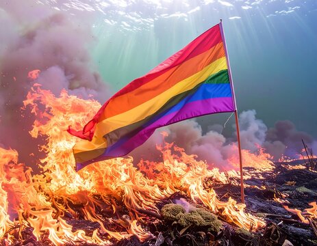 LGBTQ+ flag amidst fire and smoke underwater