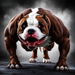 A muscular bulldog with a fierce expression stands ready on a dark, textured surface against a smoky gray background.