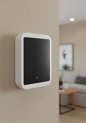 Modern white smart home wall control in a beige living room. Device displays a blank screen, mounted on a wall. Interior designer with a modern home. Beige living room.