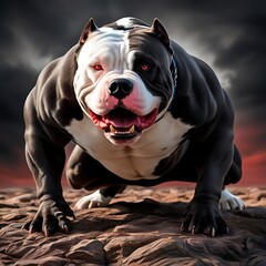 A muscular black and white dog with a fierce expression crouches on rocky terrain against a dramatic, moody sky.