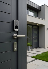 Modern smart home front door with digital lock and handle in contemporary residence. Stylish, sleek design with integrated technology showcasing contemporary exterior.