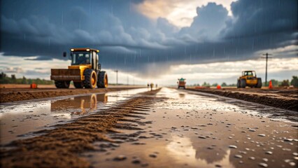 Heavy construction equipment working on muddy road under stormy dramatic sky
