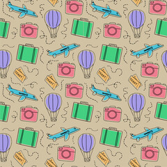 Seamless Pattern Featuring Travel Items Like Suitcase, Camera, and Airplane Icons. Prints with elements for a trip in flat hand-drawn style. Vector.
