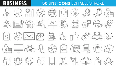 Business line icon set. Containing office, finance, growth, teamwork, management, communication, money, target, success, innovation, security and more. Editable stroke vector icons collection.