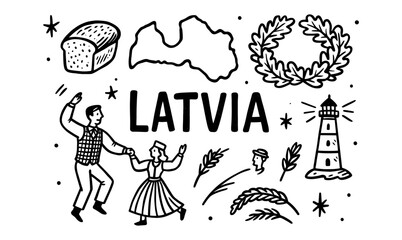 Latvia icons: traditional dance, bread, map, and lighthouse design in black and white