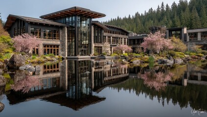 Obraz premium Modern building, tranquil pond, mirrored reflections