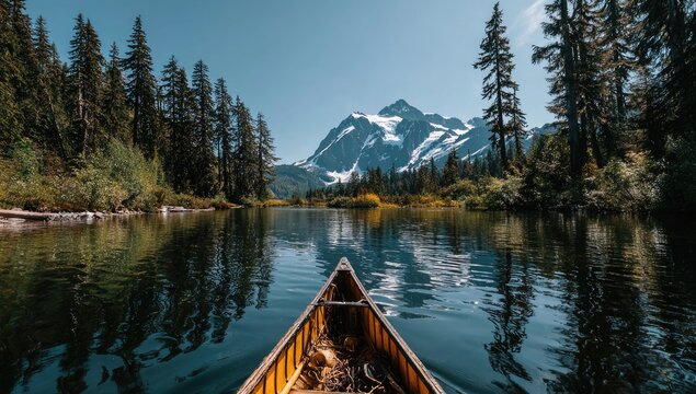 Canoe on tranquil lake, mountains - Powered by Adobe