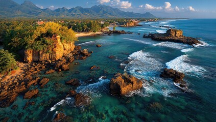 Coastal landscape with rocks, waves, and mountains