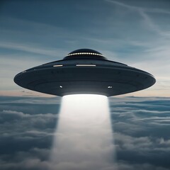 A UFO soaring through the sky above the clouds, emitting a bright light. An iconic image for science fiction enthusiasts and those interested in the unknown