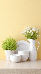 White ceramic tableware with greenery and flowers on counter against yellow wall