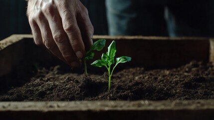 Planting young seedlings in garden soil