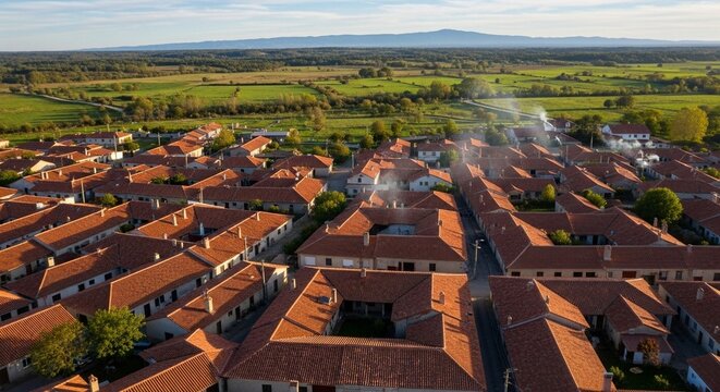 Aerial view of a charming village with traditional terracotta roof houses, showcasing classic terracotta roof village aerial architecture and scenic rural landscape - Powered by Adobe