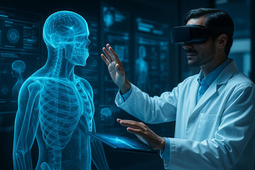 AI generated doctor wearing VR headset interacting with holographic human anatomy in futuristic medical lab symbolizing innovation precision advanced healthcare and future technology