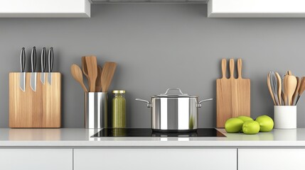 Modern kitchen countertop with utensils and fruits