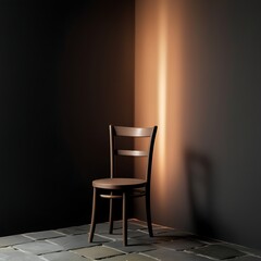 A chair in a corner of the room with natural light casting shadows