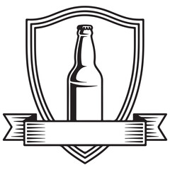 Beer Bottle on Shield with Ribbon, Black and White Vector Illustration