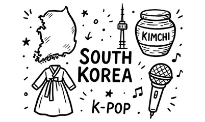K-pop vibes and korean culture icons in hand drawn doodle style