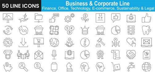 50 Business & Corporate Line Icons – Finance, Office, Technology, E-Commerce, Sustainability & Legal
