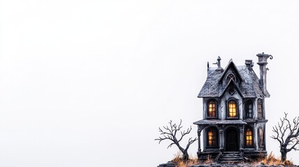 Spooky haunted house with glowing windows on a hill at nighttime