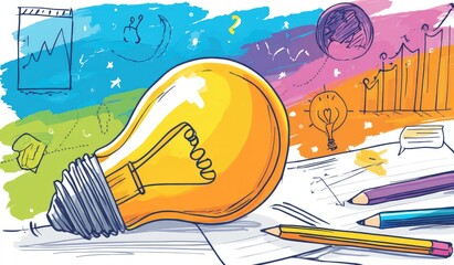 Bright lightbulb concept, colorful sketches, ideas