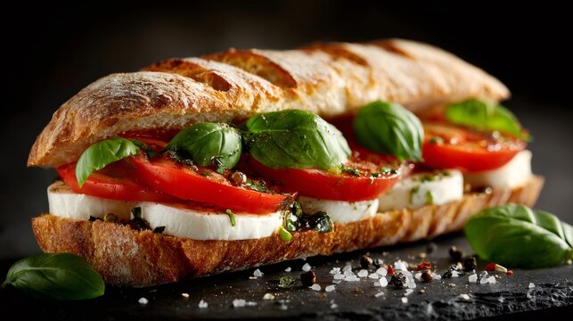 Delicious ciabatta sandwich with tomatoes, mozzarella and basil on black stone