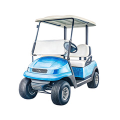 Light blue electric golf cart with white roof and seats isolated on transparent background