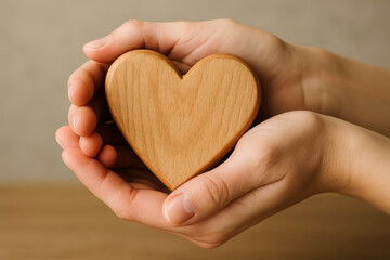 Obraz premium Hands gently holding wooden heart symbolizing ecology concept care love and environmental protection with warm and peaceful feeling in natural setting