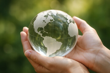 Glass globe ecology concept in human hands symbolizes environmental protection, sustainability, and care for planet with green nature background, inspiring hope and responsibility