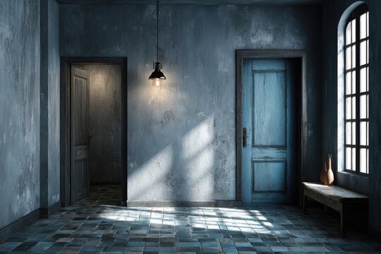 Interior of a dimly lit hallway with aged plaster walls and vintage doors. Sunlight streams in, highlighting the textured surface and tiled floor