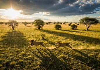 Drone view of two lions, white running across open rolling fields of green grass with olive trees dotting the tuscan countryside under a clear summer sky