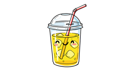 Cute cartoon illustration of a yellow beverage in a plastic cup with a straw.