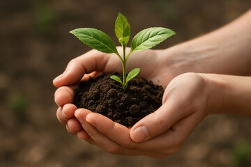 Hands holding soil and young green plant symbolize ecology concept, growth, sustainability, environmental care, and hope for better future through nature conservation