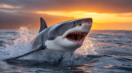 Fototapeta premium Great white shark jumping out of the water at sunset