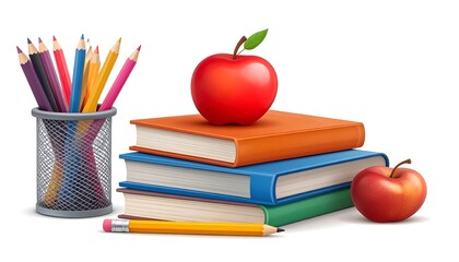 A vibrant illustration displays a stack of colorful books beneath two ripe, red apples. Beside them sits a metal cup filled with sharpened pencils