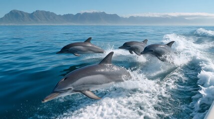 Dolphins jumping in formation behind boat near false bay coastline