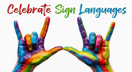 Rainbow-painted hands showing the "I love you" sign, a vibrant theme celebrating sign languages and deaf community